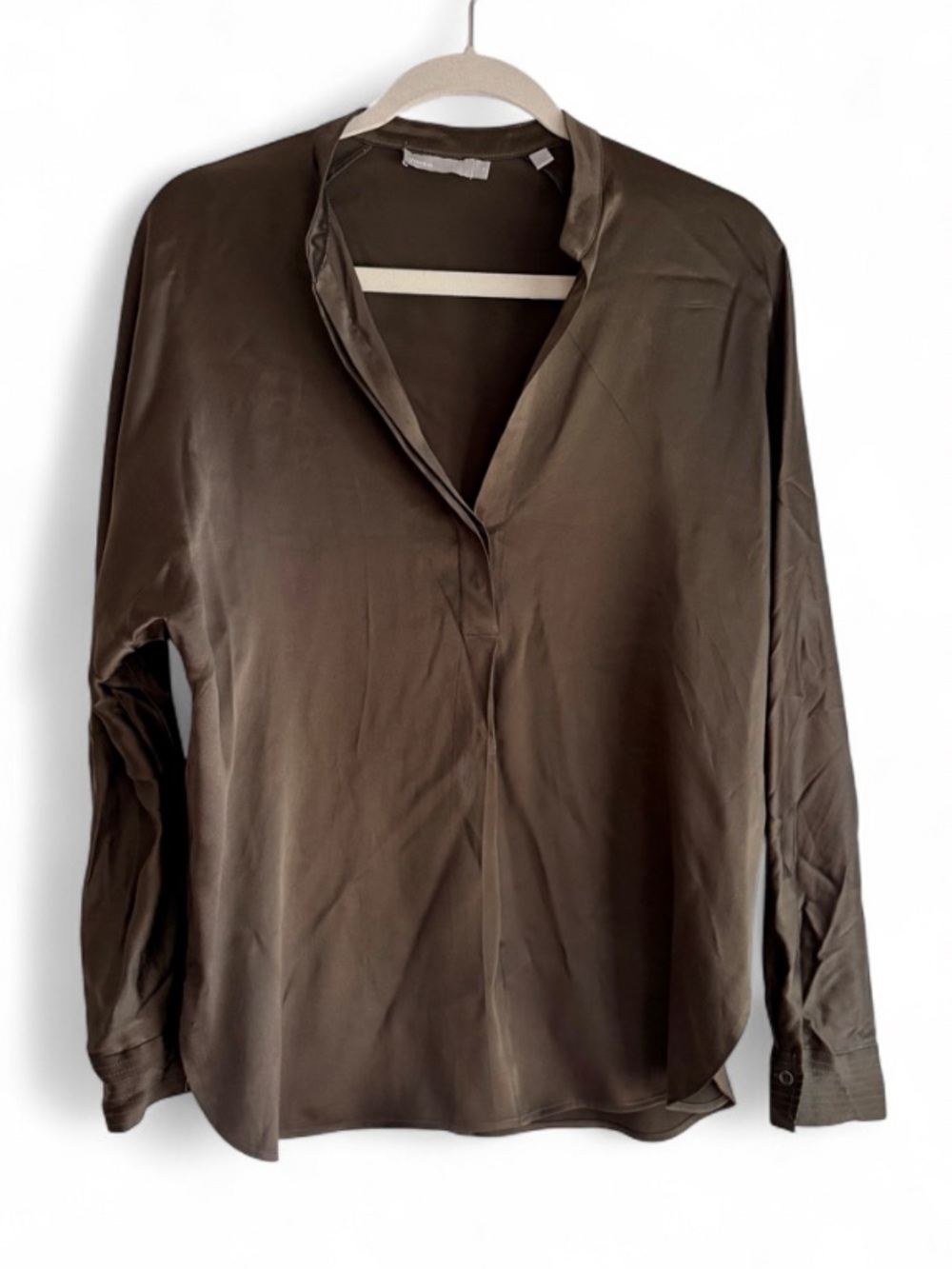 Vince 100% Silk Olive Green Long Sleeve Blouse Size XS